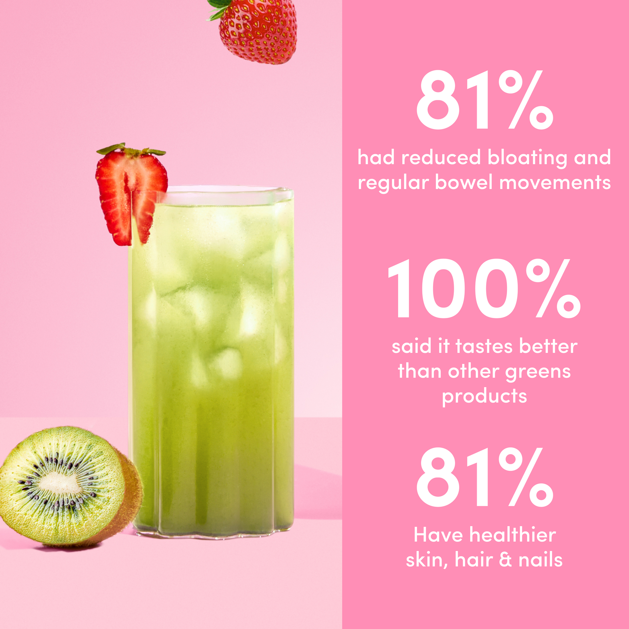 A glass of green juice with ice and a strawberry garnish sits by sliced kiwi on pink, highlighting The Collagen Co USA's Strawberry Kiwi Super Beauty Greens - 308g for reduced bloating, enhanced taste, and healthier skin, hair, and nails.