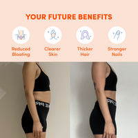 A split image with text above: reduced bloating, clearer skin, thicker hair, stronger nails. Below, before and after photos show a woman’s profile after adding The Collagen Co USA's Tropical Punch Super Beauty Greens (308g) to her routine.