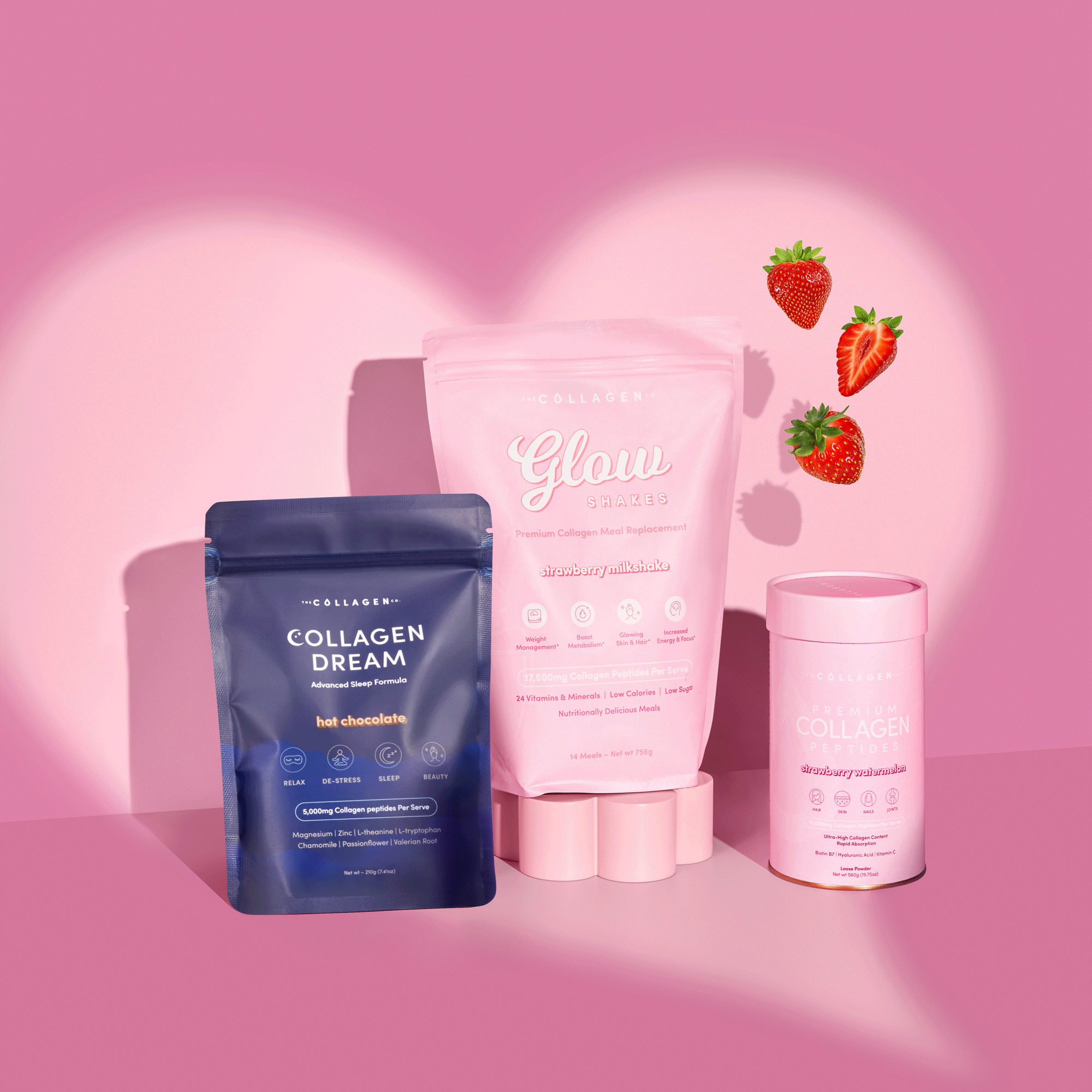 Pink background with three collagen supplement packs: "Collagen Dream" in blue, "Glow" and collagen powder in pink, with floating strawberries.