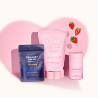 Collagen beauty products with strawberries on pink background: blue "Collagen Dream" bag, pink "Glow" pouch, cylindrical container.