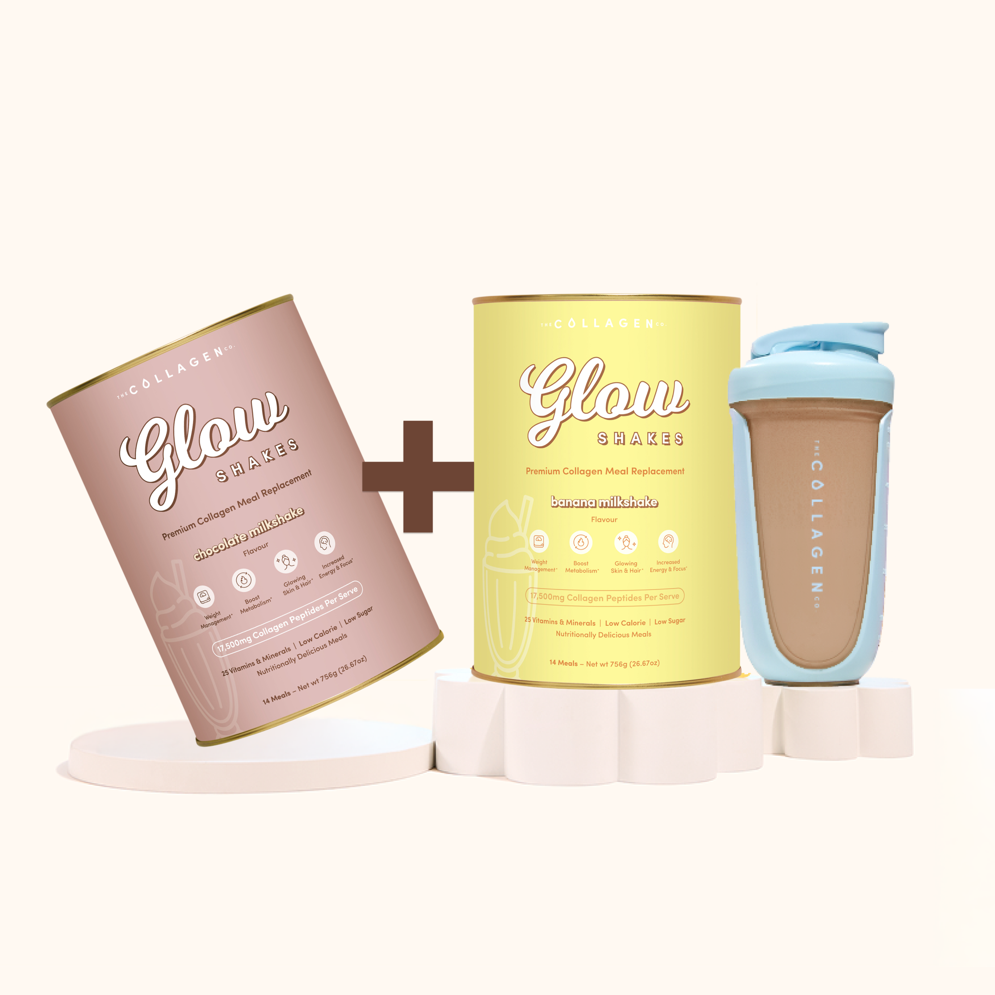 The Collagen Co. "The Perfect Pair" features two Glow Shakes collagen protein containers—one pink, one yellow—beside a blue shaker on white platforms. Enjoy radiant skin and beauty-boosting nutrients in every sip.