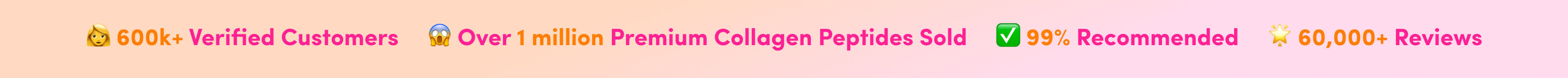 Text graphic with emojis reading: 50k+ Verified Customers, Over 1 million Premium Collagen Peptides Sold, 95% Recommended, 30,000+ Reviews on a pink and orange gradient background.