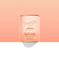 A canister of The Collagen Co USA’s Peach Iced Tea Beautiful Energy (280g) with a peach gradient background. The label features collagen peptides for skin elasticity, natural flavors, tea extracts, and a gentle boost of natural caffeine.