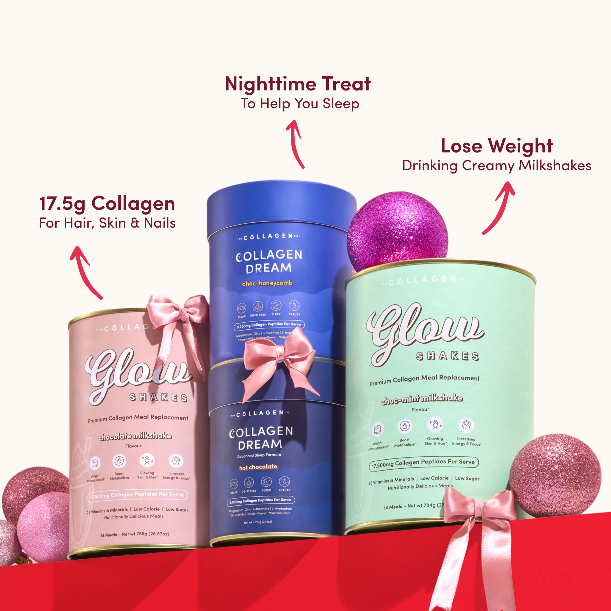 The Collagen Co. Festive Treats Wellness Kit features three pastel Glow Shakes with pink ornaments, highlighting 17.5g collagen for hair, skin & nails, Collagen Hot Chocolate for sleep, and creamy milkshakes to support weight loss.