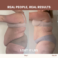 Side-by-side photos of a woman in underwear, showing weight loss progress. Text: Lost 17 lbs with The Collagen Co. Chocolate Milkshake Collagen Meal Replacement—Day 1 to Day 28 reveals a slimmer stomach and real results.