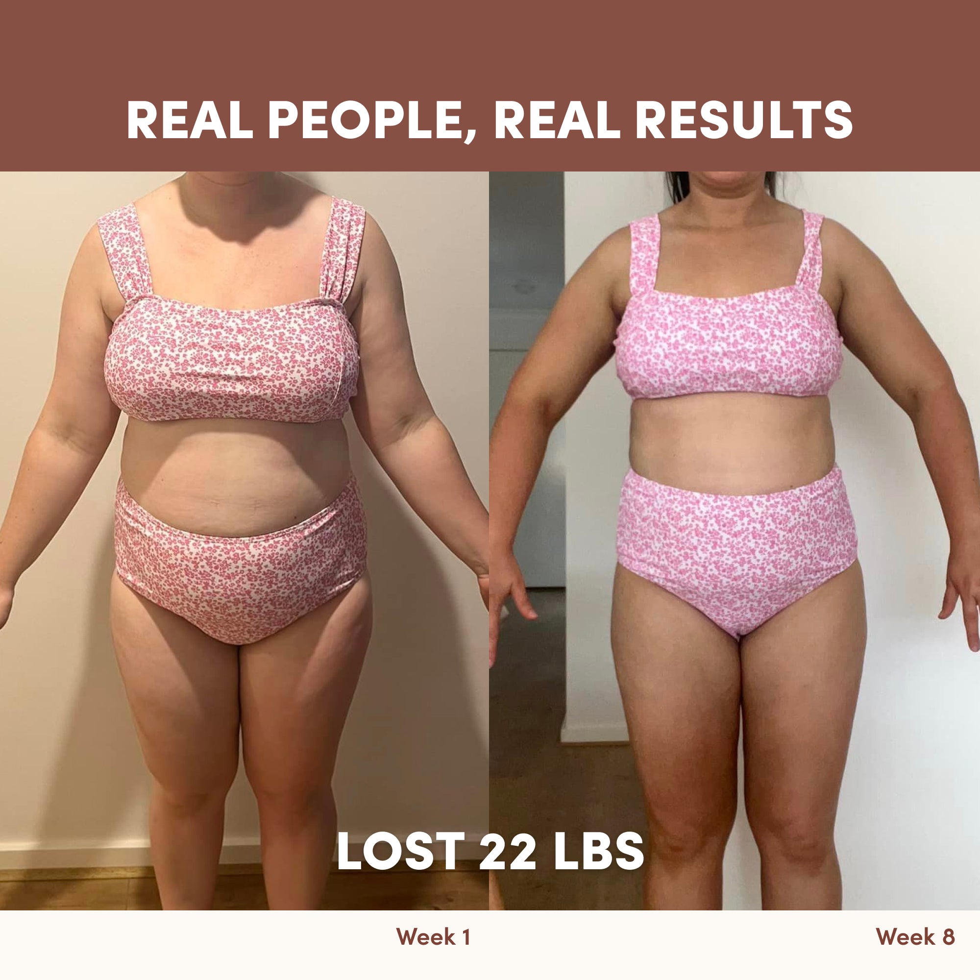 Side-by-side photos show a woman’s 22 lb weight loss in 8 weeks with The Collagen Co. Chocolate Milkshake Collagen Meal Replacement (756g). Real People, Real Results.