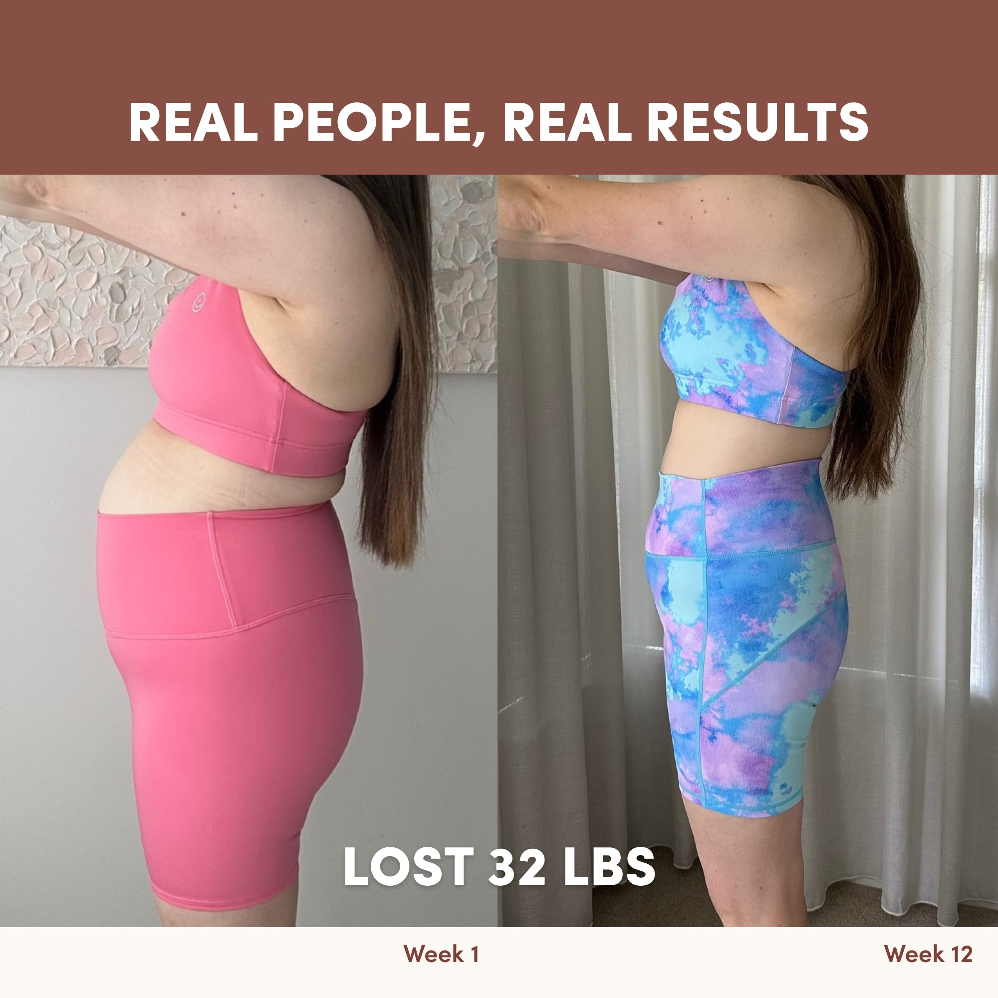 Side-by-side photos show a woman’s 12-week weight management journey using The Collagen Co. Chocolate Milkshake Collagen Meal Replacement—she starts in pink, ends in colorful, with text highlighting her impressive 32 lbs lost.