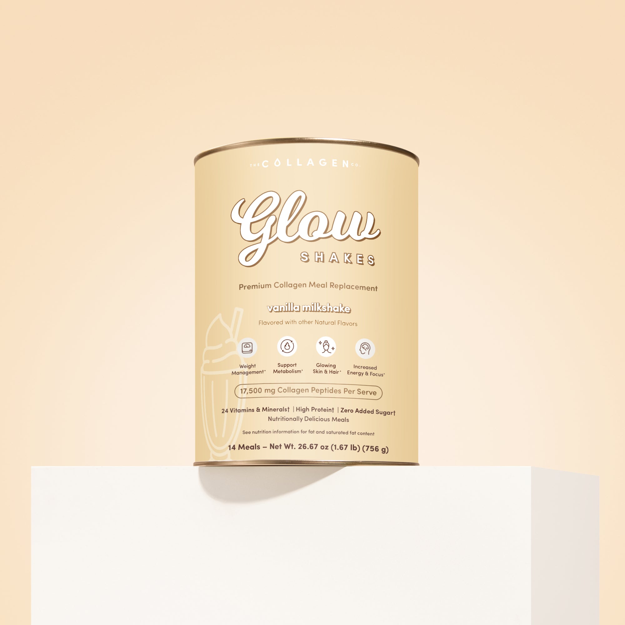 A beige canister of The Collagen Co. Vanilla Milkshake Collagen Meal Replacement (756g) sits atop a white pedestal, highlighting its hydrolysed collagen peptides for protein and weight management support.