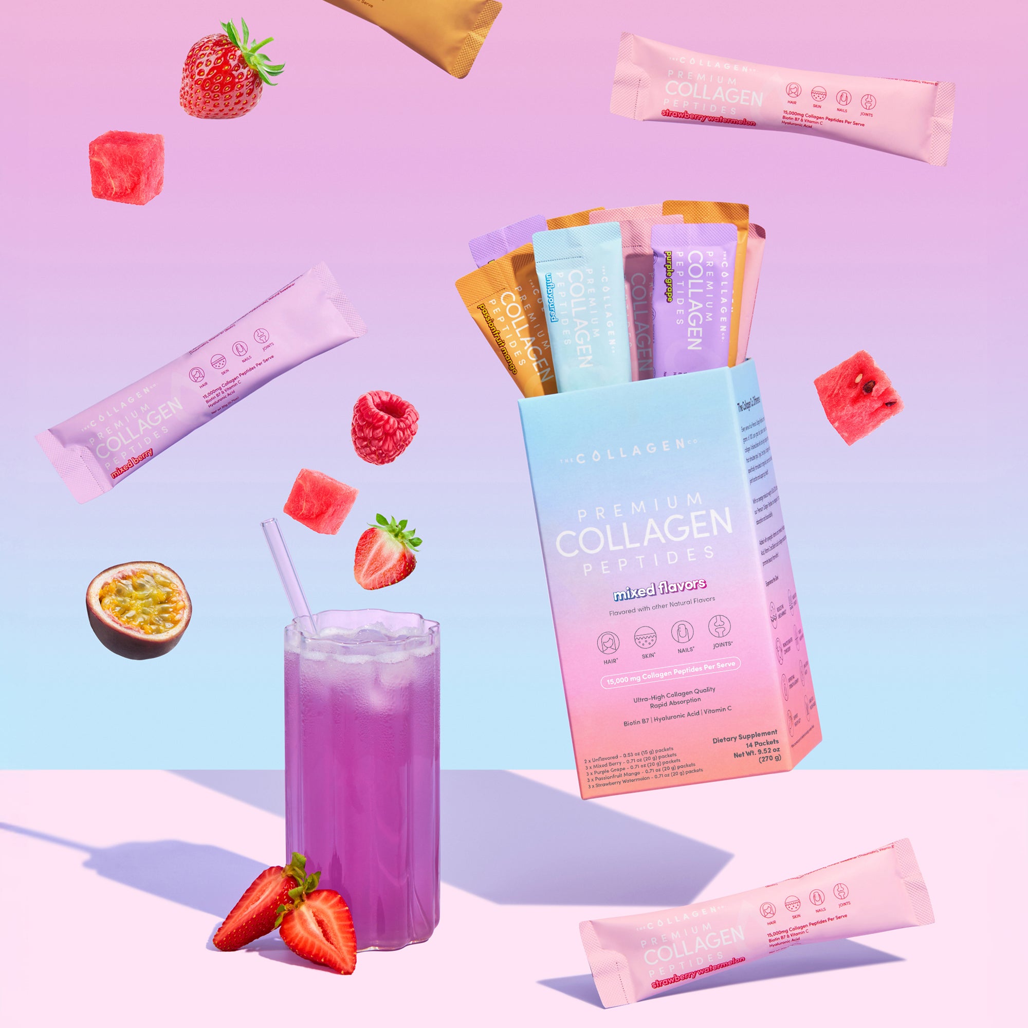 A box of thecollagen.co Mixed Flavors Collagen Sachets (270g) with vibrant packets, floating berries, watermelon, and a purple drink—featuring hydrolysed bovine collagen powder—set against a pastel gradient background.