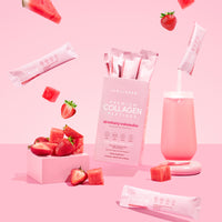 A pink-themed display showcases thecollagen.co Strawberry Watermelon Collagen Sachets (280g), featuring hydrolysed bovine collagen, a glass of pink drink with a straw, floating sachets, strawberries, and watermelon on a pink background.