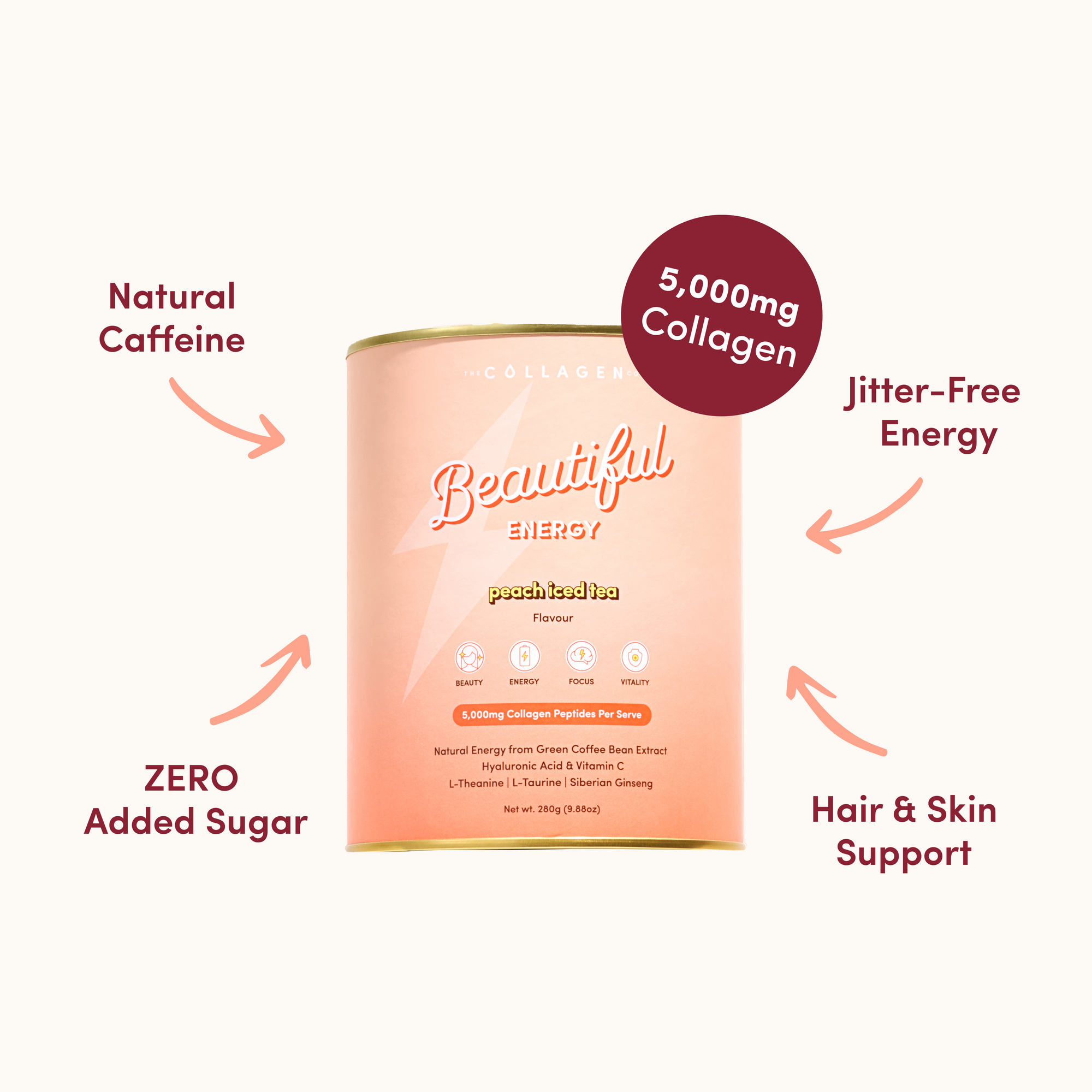 Product packaging with text highlighting features like natural caffeine, collagen, energy, zero added sugar, and health benefits on a white background.