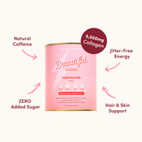 Pink energy drink package with text highlighting features on a white background