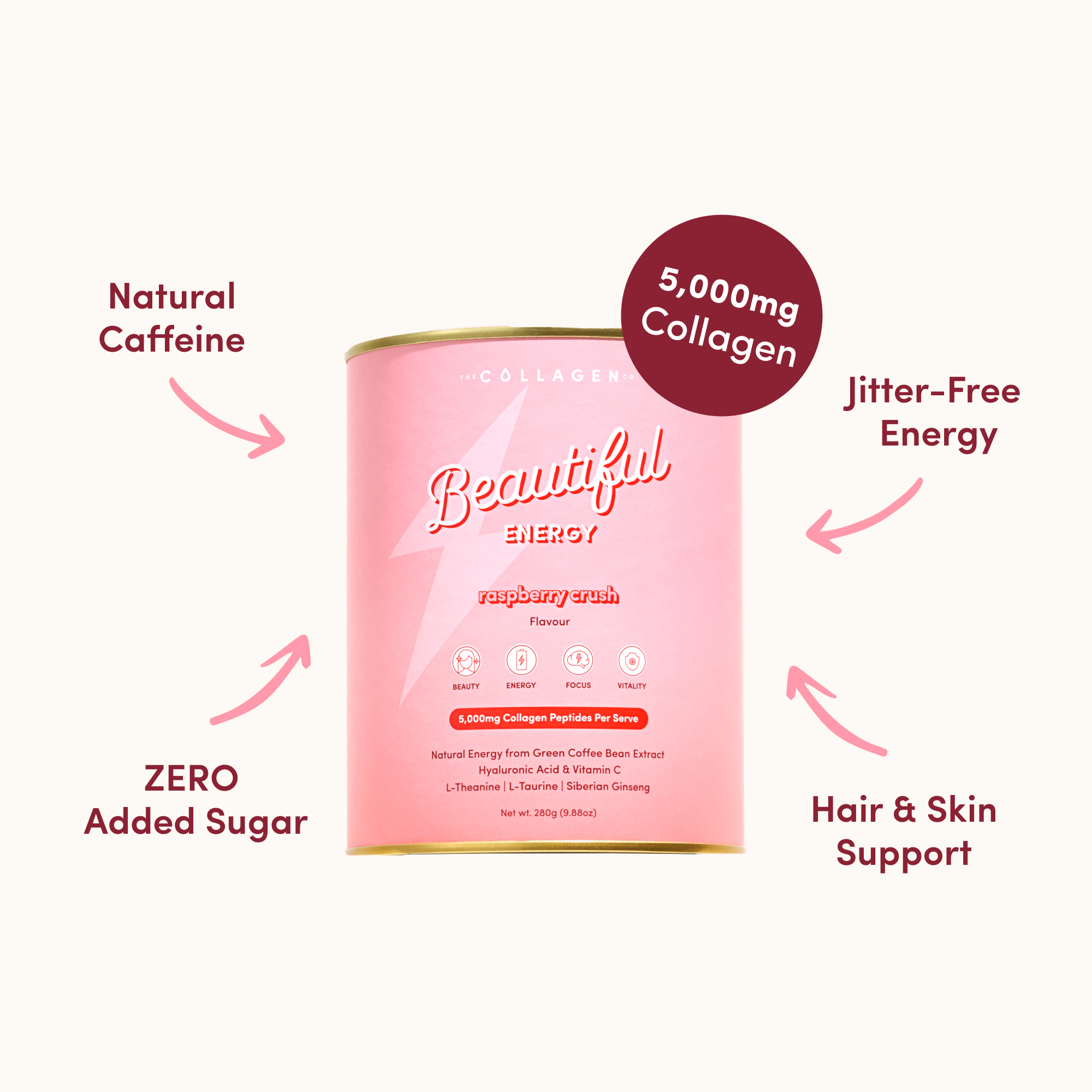 Pink energy drink package with text highlighting features on a white background