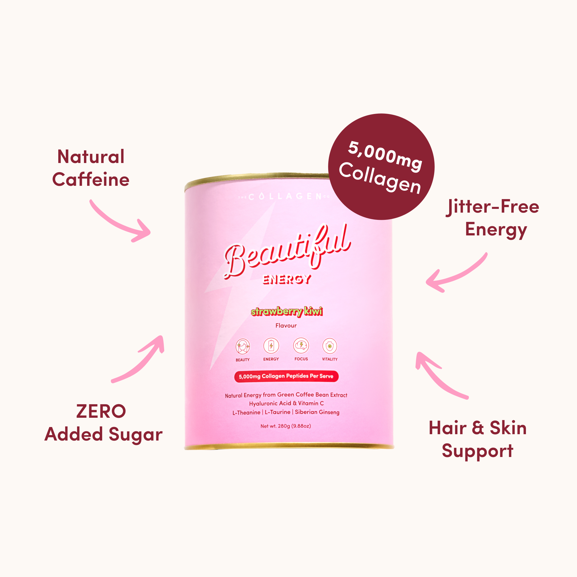 Pink energy drink package with text highlighting features on a white background