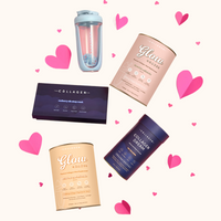 A pastel collage showcases The Collagen Co.’s Overnight Glow Bundle—collagen supplement tins, a boxed sleep mask, and a pink shaker bottle—perfect for an overnight glow or boosting your weight management routine.