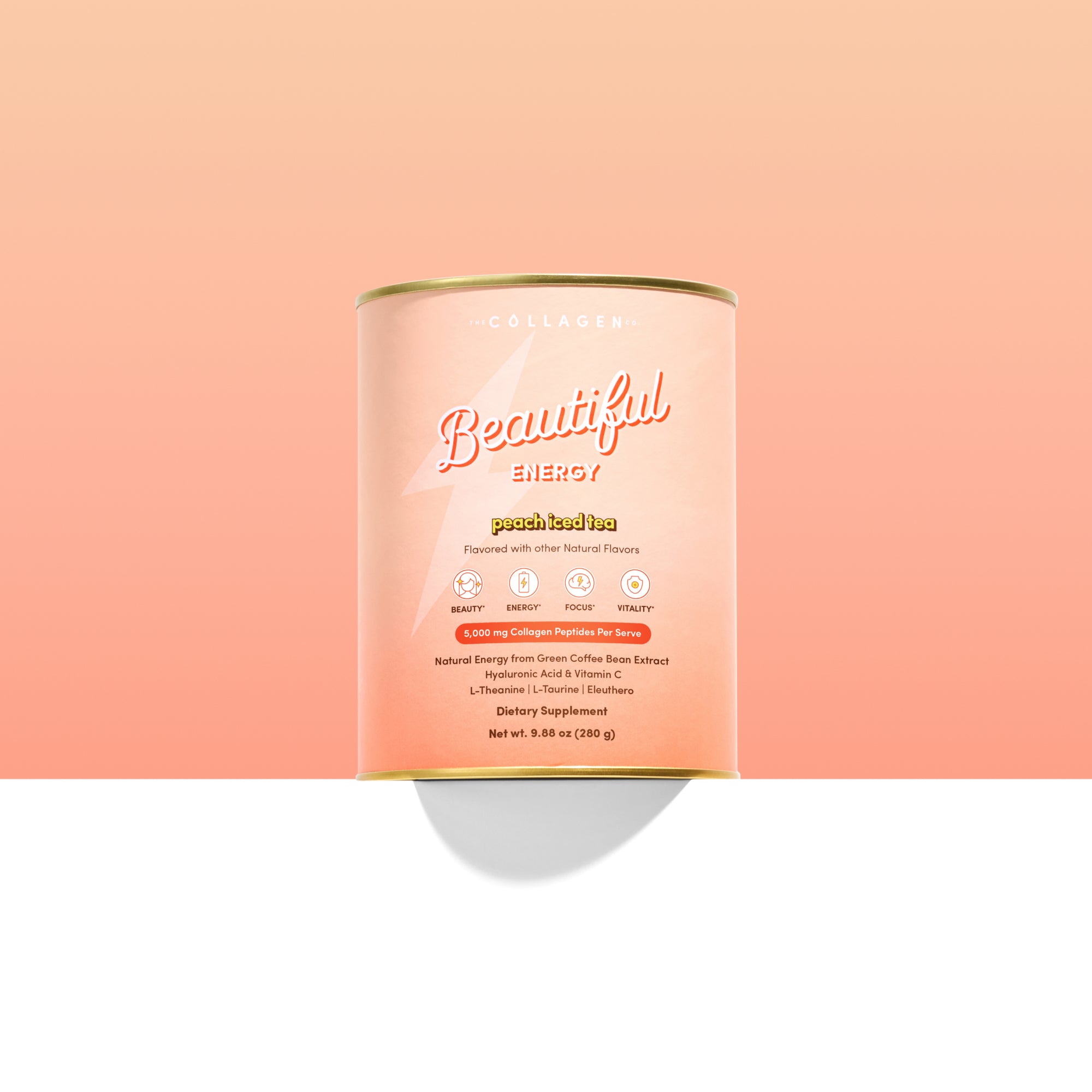 Peach Iced tea beautiful energy tin sitting on a white plinth