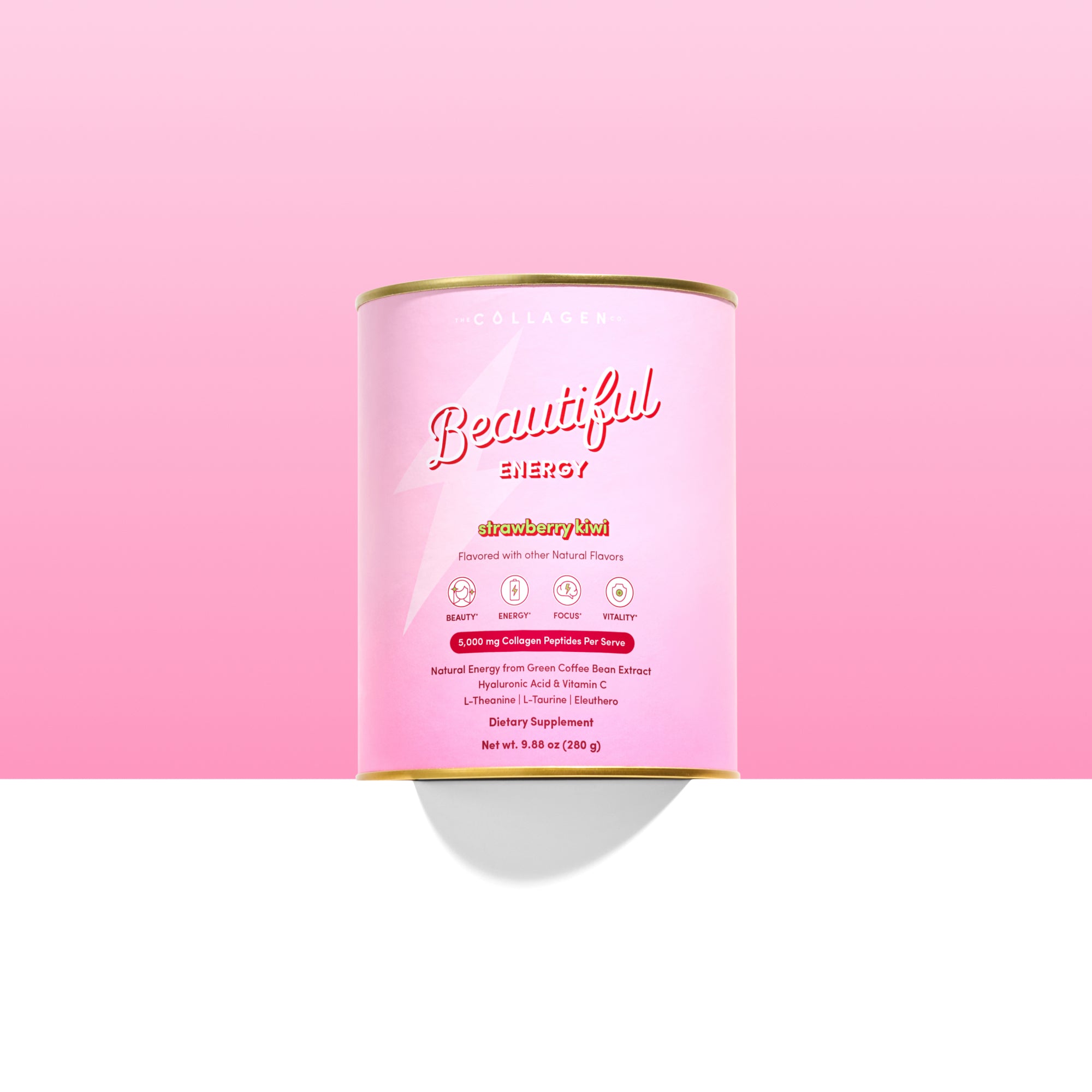 Strawberry Kiwi Beautiful Energy Tin sitting on a white plinth