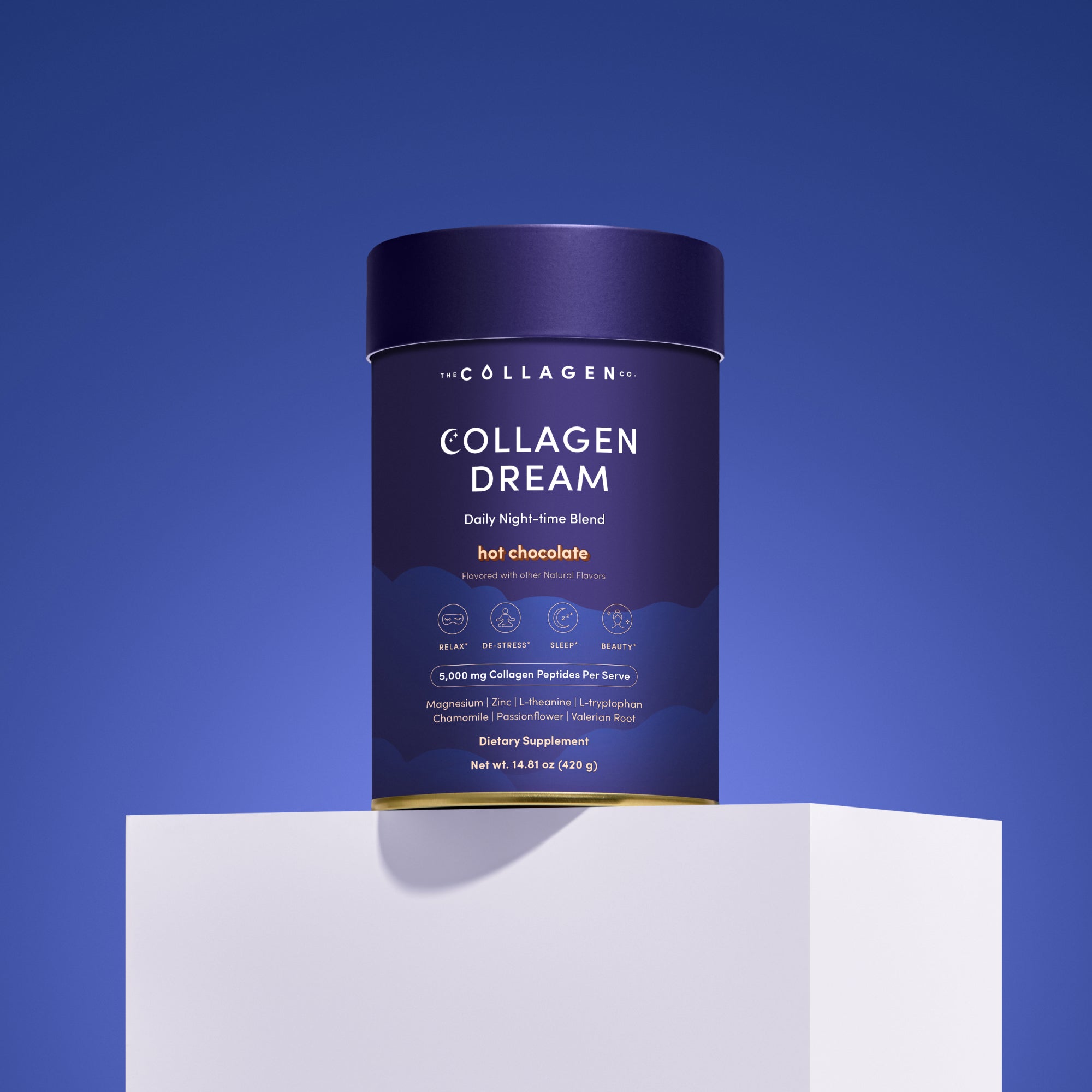Collagen Dream Hot chocolate tin sitting on a white plinth