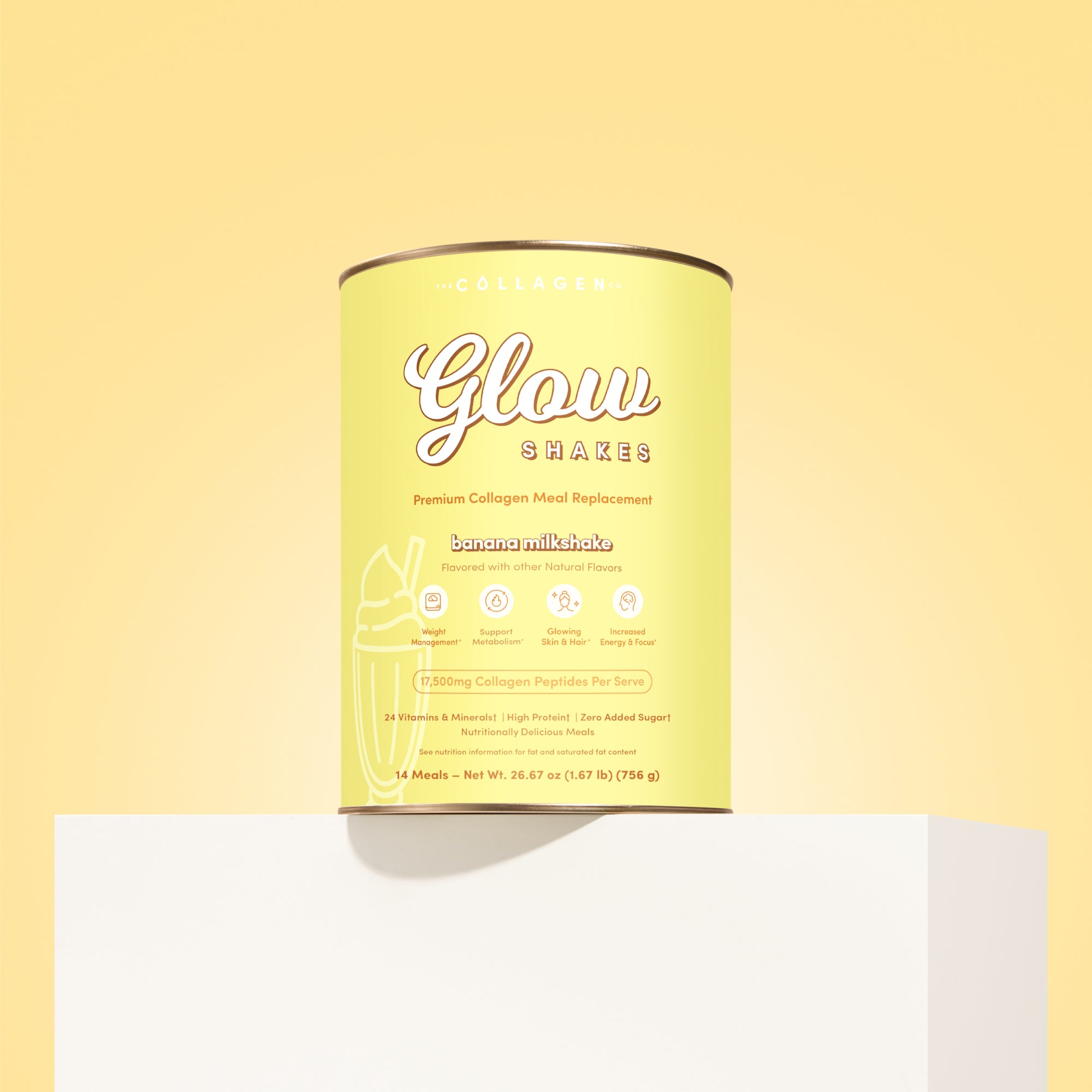 Glow Shakes Banana milkshake flavor container with a yellow label on a matching yellow background