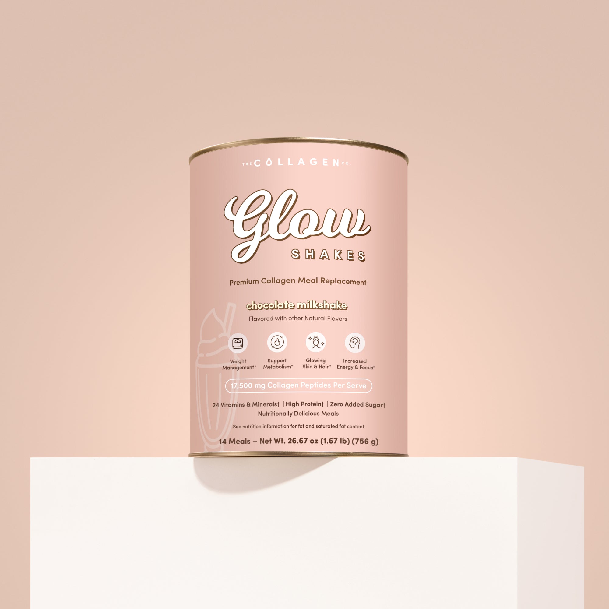 Collagen Glow Shakes container on a matching chocolate background