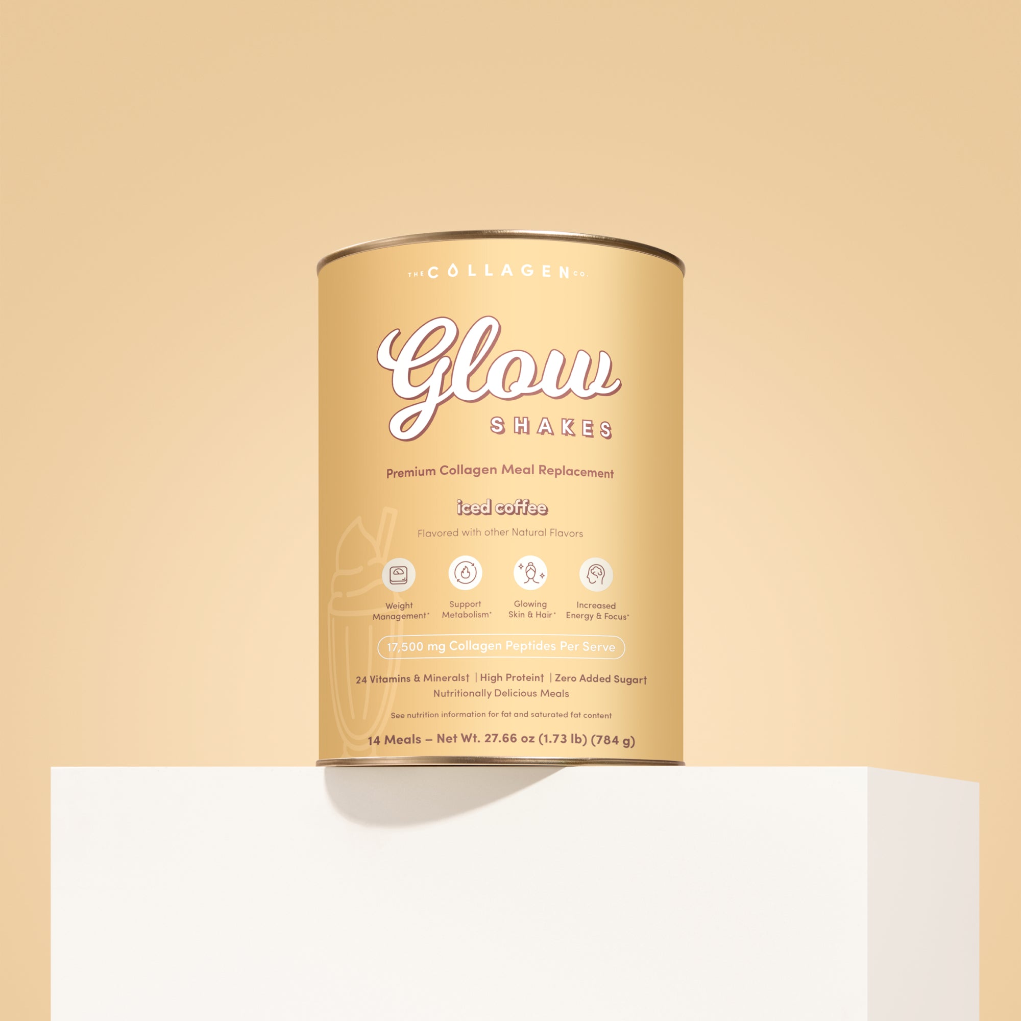 Gold Iced Coffee container of Glow Shakes on a beige background