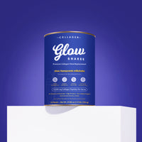 Collagen shake container labeled 'Glow Shakes' on a blue background