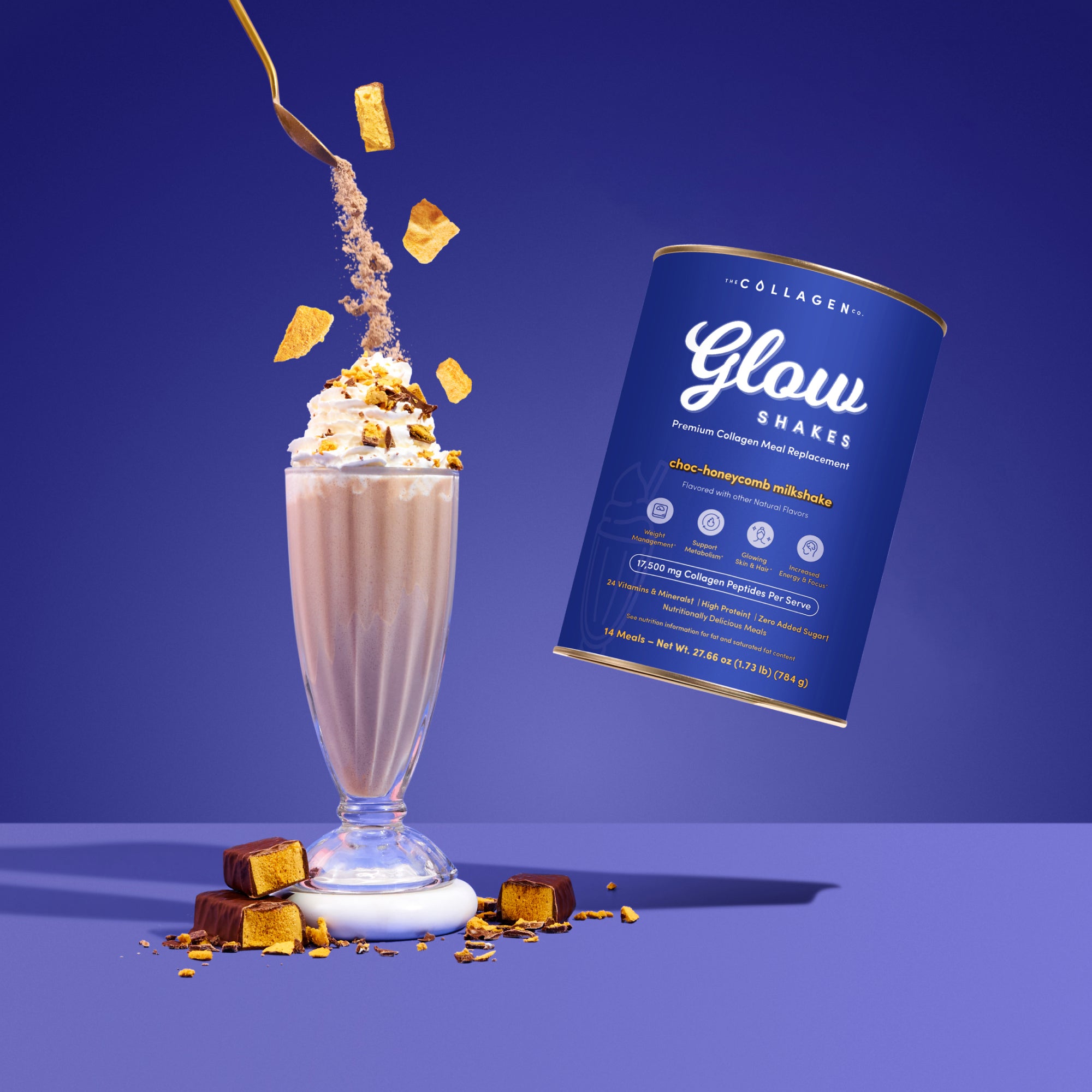 Collagen Glow shake can with a milkshake and chocolate pieces on a blue background