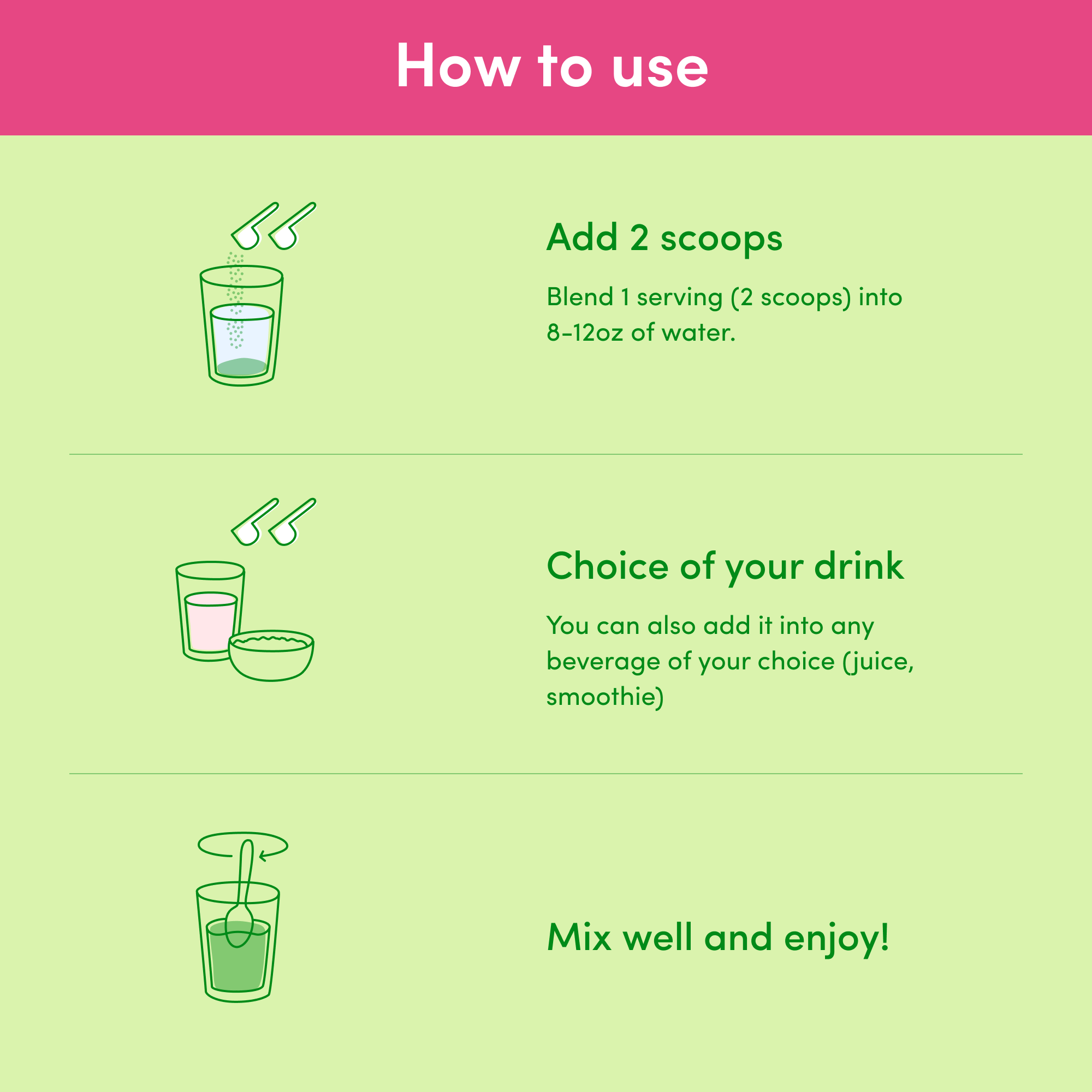 Instructions for collagen supplement: Add 2 scoops to water or drink, mix, and enjoy. Illustrated steps on green background.