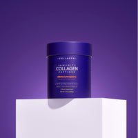 Collagen supplement container with blue label on a purple background