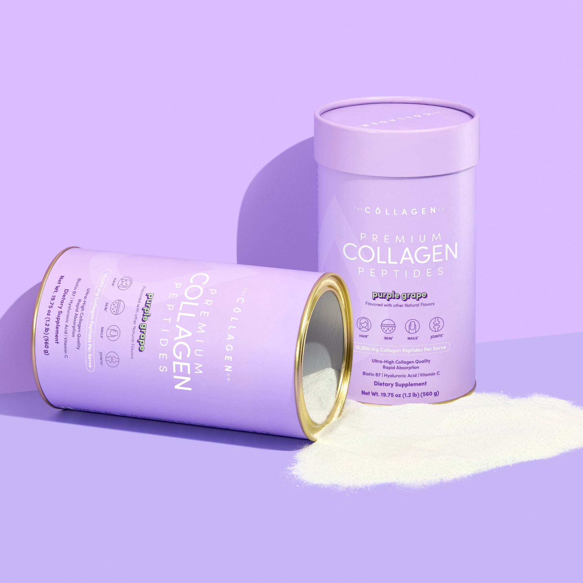 Purple Grape premium collagen peptides tins with a purple background