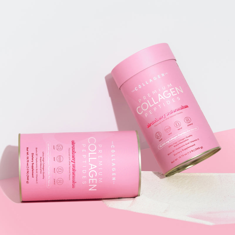 Two pink containers of Collagen Peptides on a light pink background