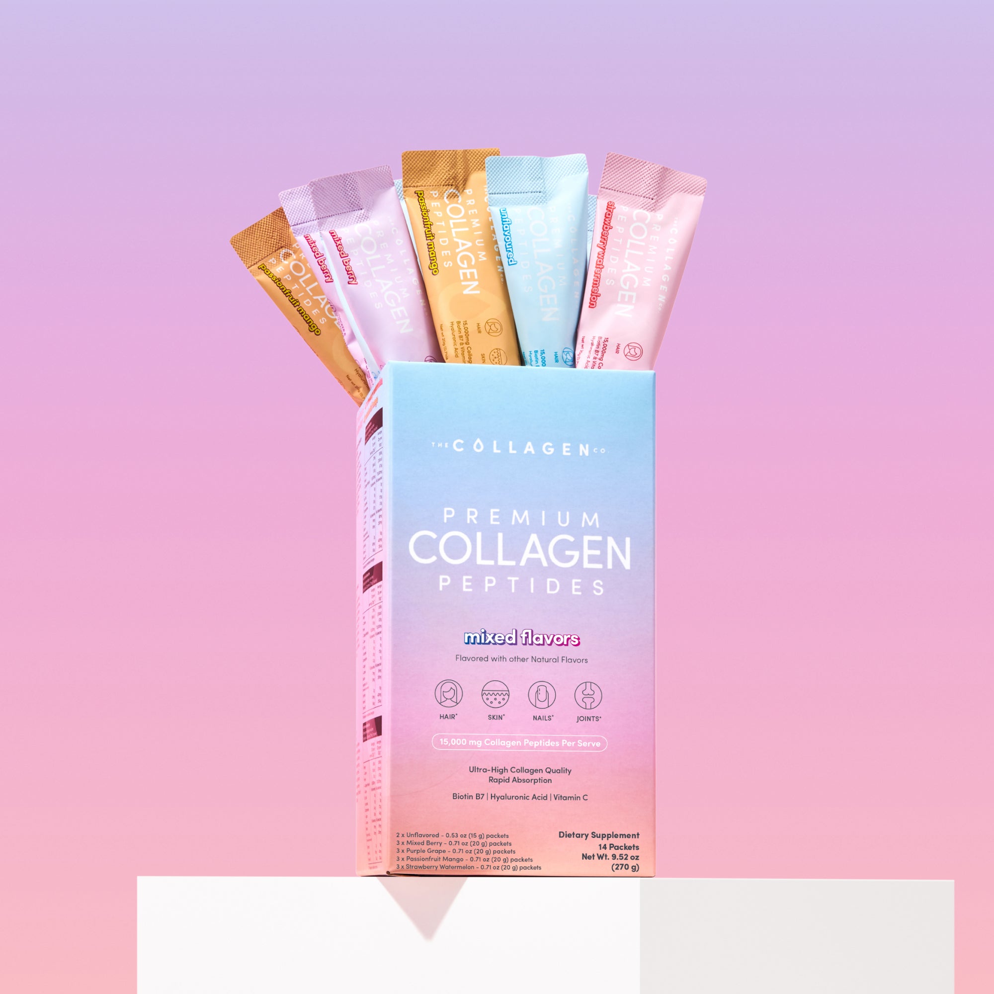 Box of Collagen premium collagen peptides with colorful packets on a gradient background