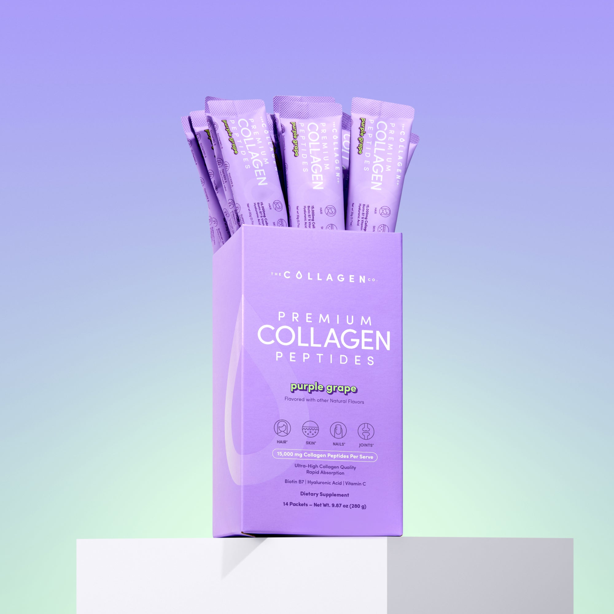 Box of premium collagen peptides with purple packaging on a gradient background