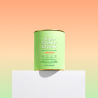 Supplement canister labeled 'Super Beauty Greens' Tropical Punch flavor, on a gradient background