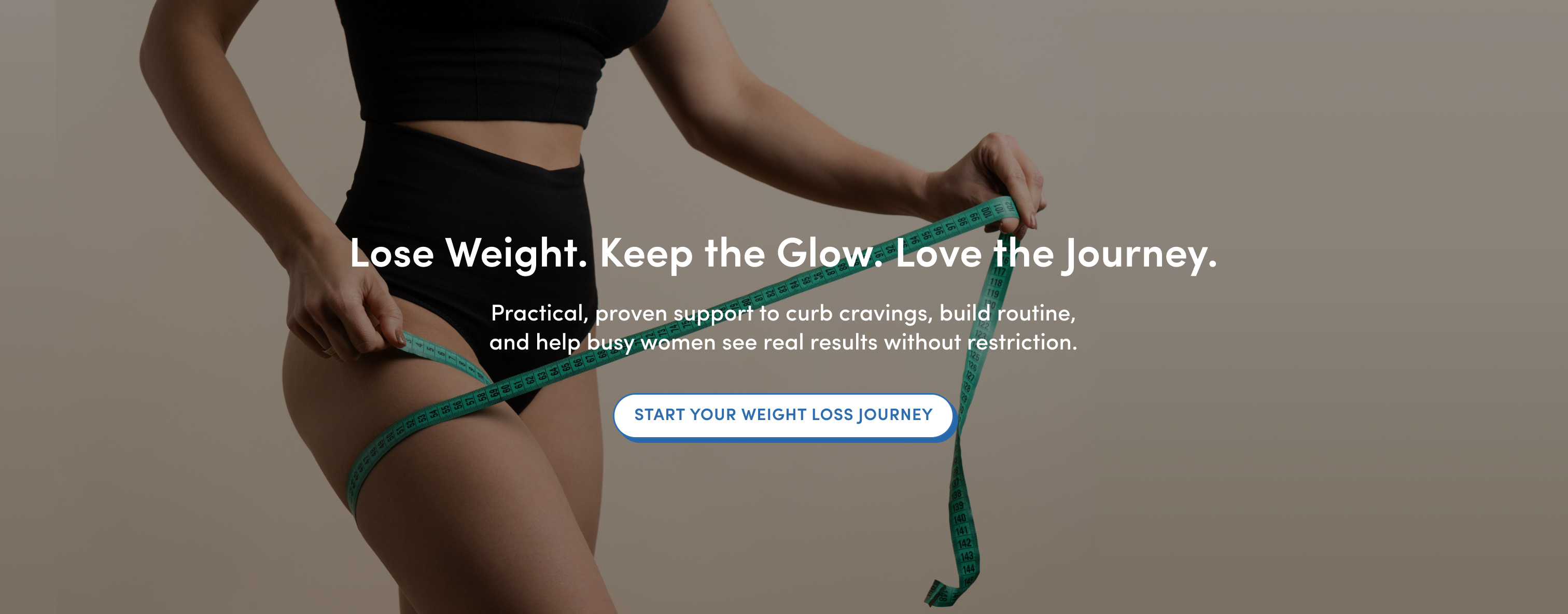 A woman in black workout clothes wraps a green measuring tape around her waist and thigh. Overlay text promotes weight loss support and encourages starting a weight loss journey.