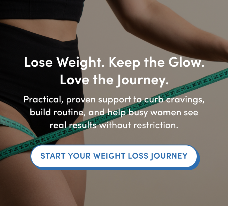 A woman in black fitness wear measures her waist with a green tape measure. Text promotes weight loss support for busy women, emphasizing practical guidance and a positive journey. A button reads Start Your Weight Loss Journey.