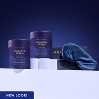 Custom Beauty Sleep Bundle - The Collagen Co - 2 tubs of collagen drfeam hot chocolate and a mulberry silk navy blue sleep mask