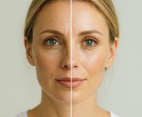 A womans face split down the middle, showing visible wrinkles and uneven skin texture on the left side and smooth, youthful, radiant skin on the right side.