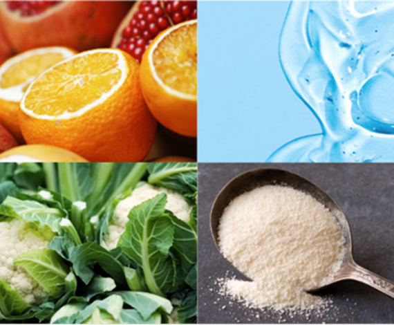 A collage with four sections: sliced oranges and pomegranates, clear blue gel, fresh cauliflower heads, and a spoon filled with granulated white powder.