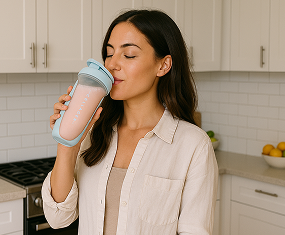 A woman in a light shirt stands in a kitchen, eyes closed, drinking from a light blue shaker bottle. There are lemons in a bowl on the counter behind her.