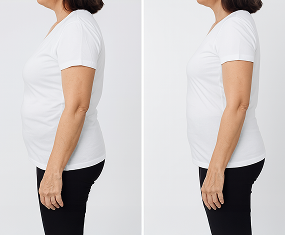 Side-by-side comparison of a woman in a white T-shirt and black pants, showing a noticeable difference in her body shape, with a slimmer appearance on the right side.