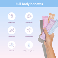 A hand holds four pastel supplement packets from The Collagen Co. Daily Glow Starter Set. Icons and text highlight benefits: glowing skin, stronger hair, flexible joints, gut health, and Beautiful Energy—collagen peptides for full-body wellness.