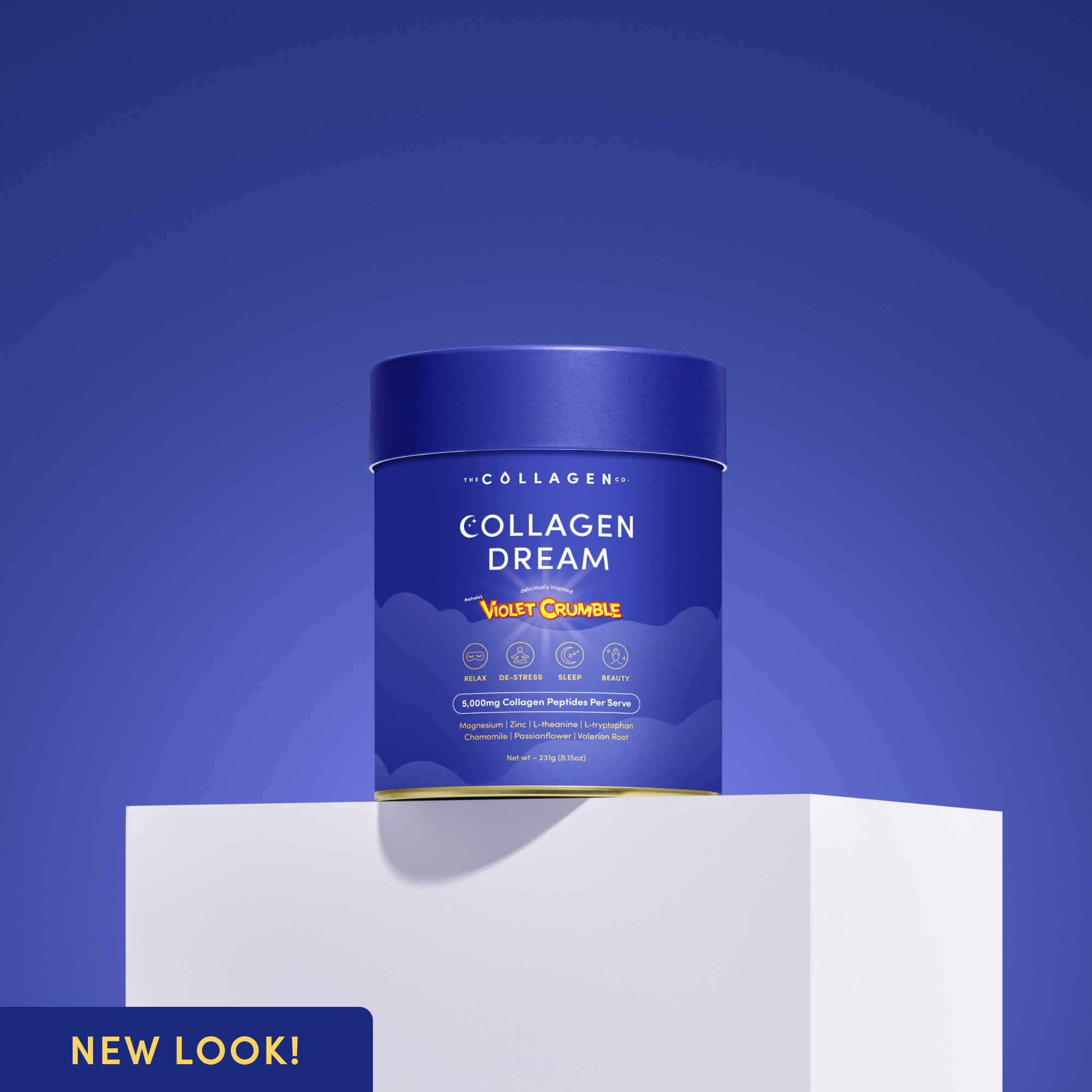 Front-facing Collagen Dream Violet Crumble tub with a new look, displayed on a white plinth against a gradient royal blue background, highlighting its relaxing and beautifying benefits.