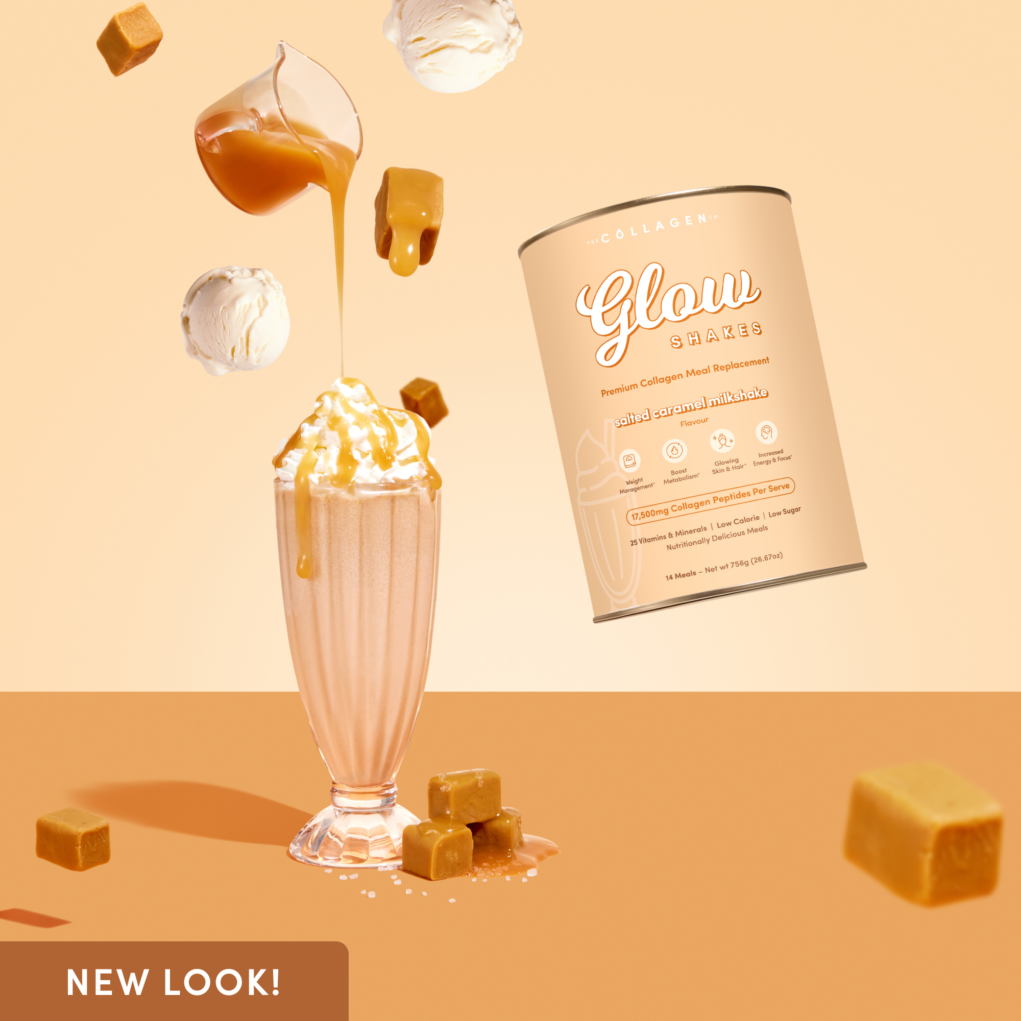 Creative product image featuring a creamy salted caramel shake being drizzled with caramel sauce, surrounded by caramel cubes and ice cream scoops, with the Glow Shake canister floating beside it.