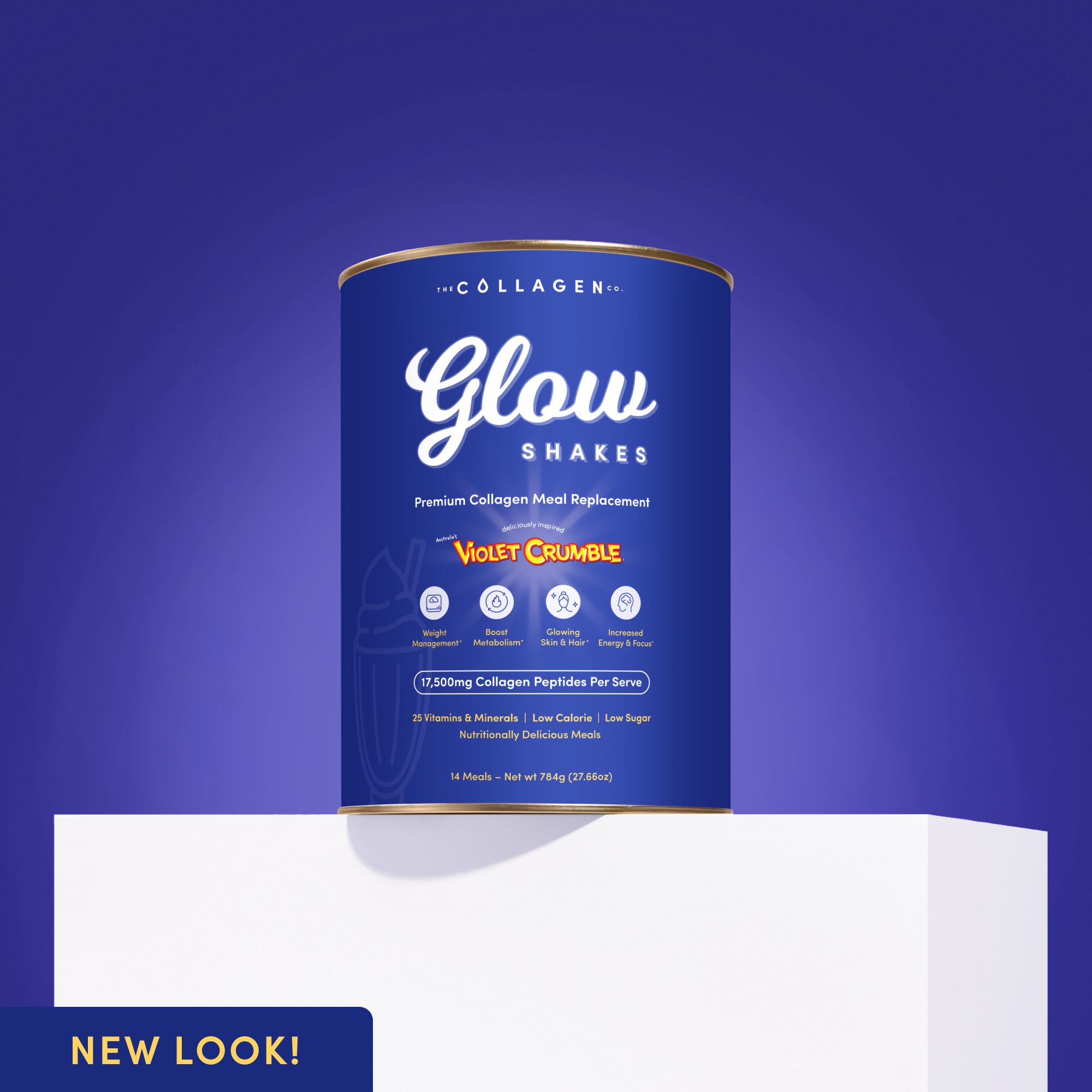 Glow Shake Violet Crumble canister displayed on a white plinth against a gradient purple background with a ‘New Look!’ badge in the bottom left corner.