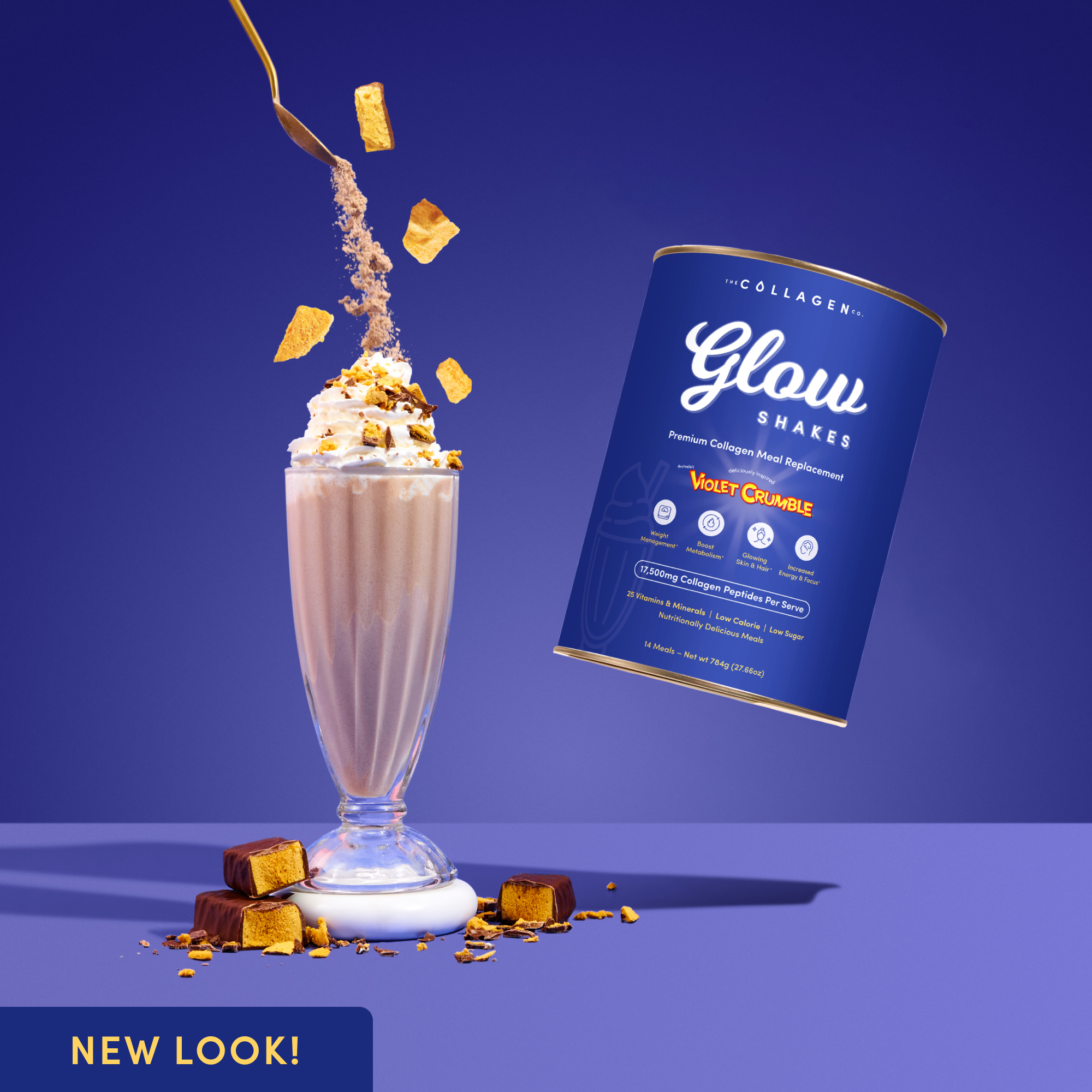 Vibrant product image showing Glow Shake powder being sprinkled into a chocolate milkshake glass surrounded by Violet Crumble pieces, with the canister floating beside it on a purple background.