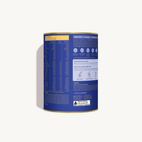 Back view of Glow Shake Violet Crumble canister showing nutritional information, daily usage instructions, ingredient list