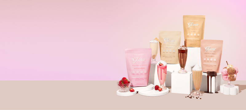 Collagen supplement pouches surrounded by smoothies and desserts; pink gradient background enhances the beauty and wellness theme.