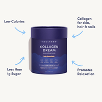 A blue Collagen Hot Chocolate container from The Collagen Co. is shown. Arrows highlight low calories, <1g sugar, collagen for skin, hair & nails, and relaxation—an ideal part of the Festive Treats Wellness Kit.