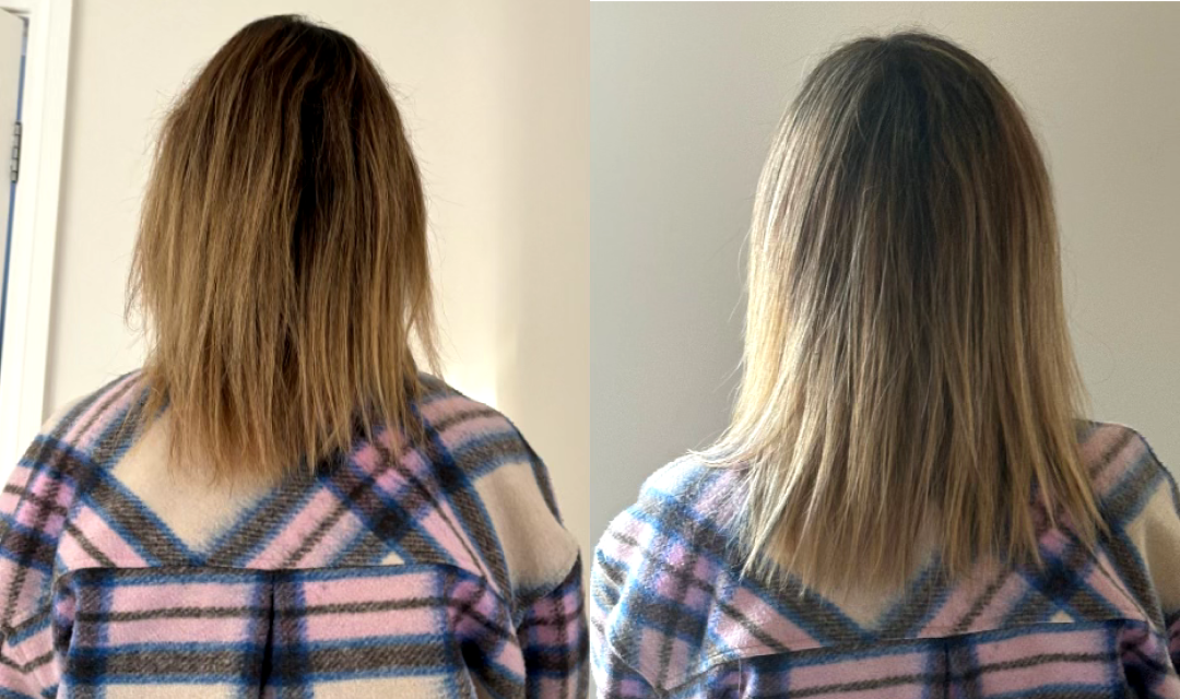 Side-by-side images showing the back of a person with shoulder-length hair and wearing a plaid jacket. The left image shows uneven, frizzy hair; the right image shows smoother, more even hair.